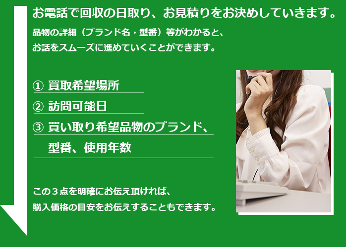お電話で回収の日取り、お見積りをお決めしていきます。